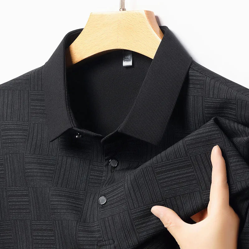 Men's slim fit lapel collar t-shirt in beige, made from a thin breathable fabric.