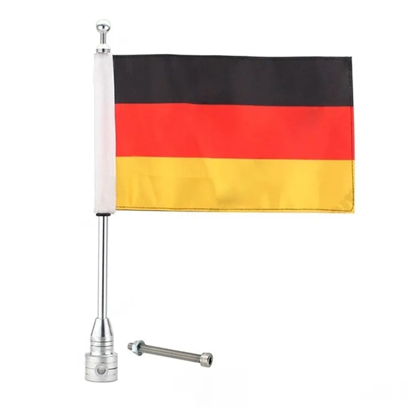 Black and silver electroplated motorcycle flagpole mount for side box or luggage rack attachment