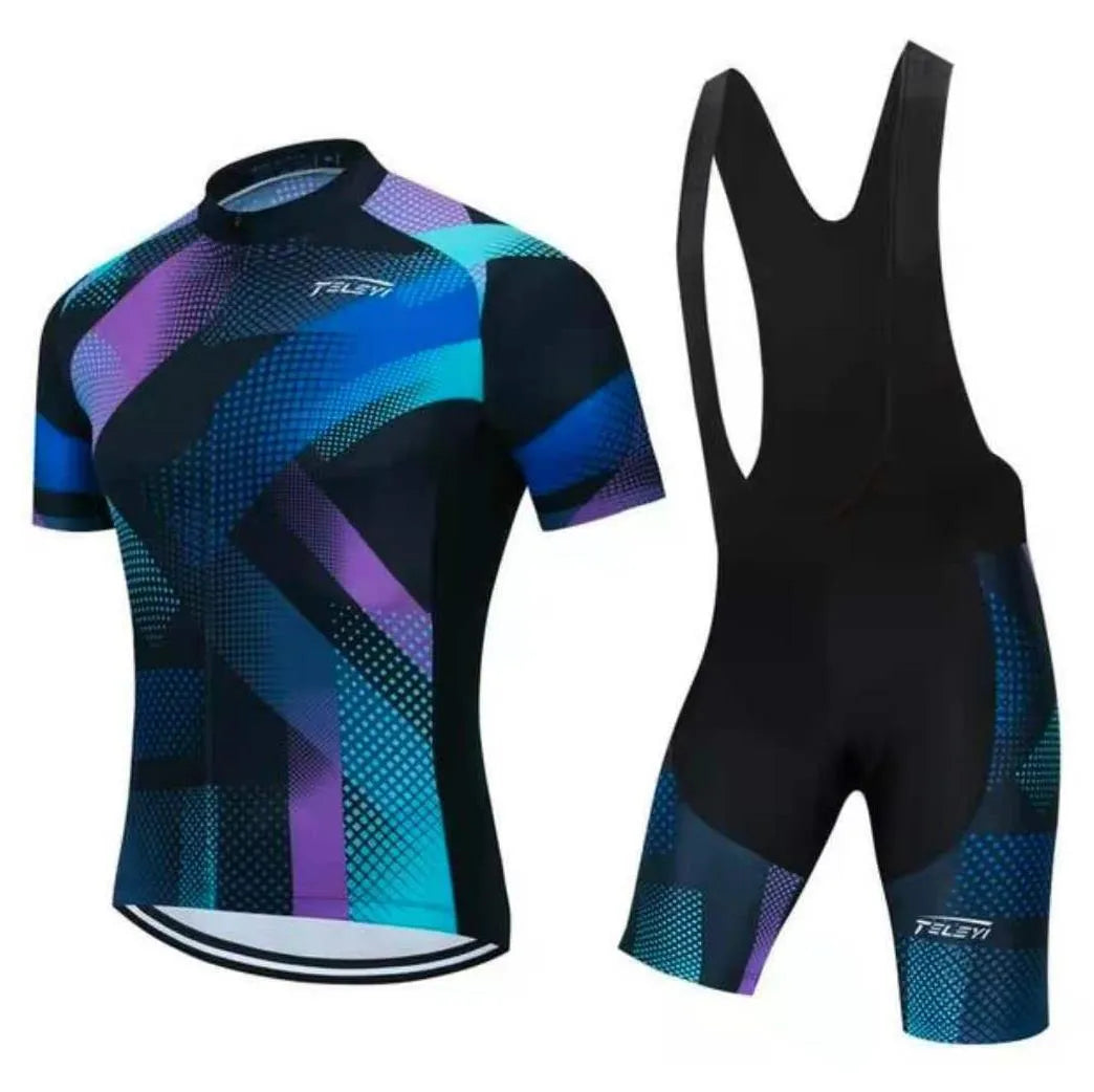 Men's and women's blue cycling jersey and black shorts set for summer biking