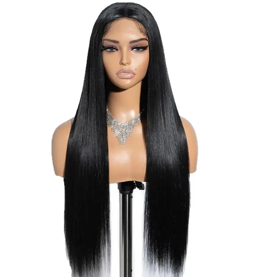Glueless human hair straight wig with side bangs shown in natural styling