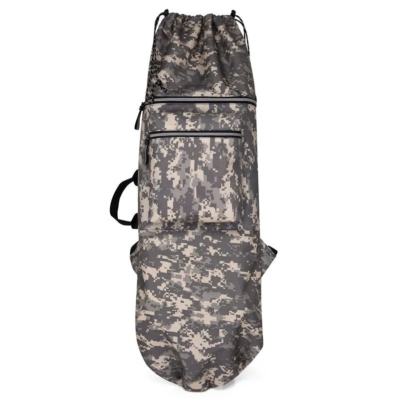 Waterproof nylon skateboard backpack with 20-35L capacity shown in camouflage colour option