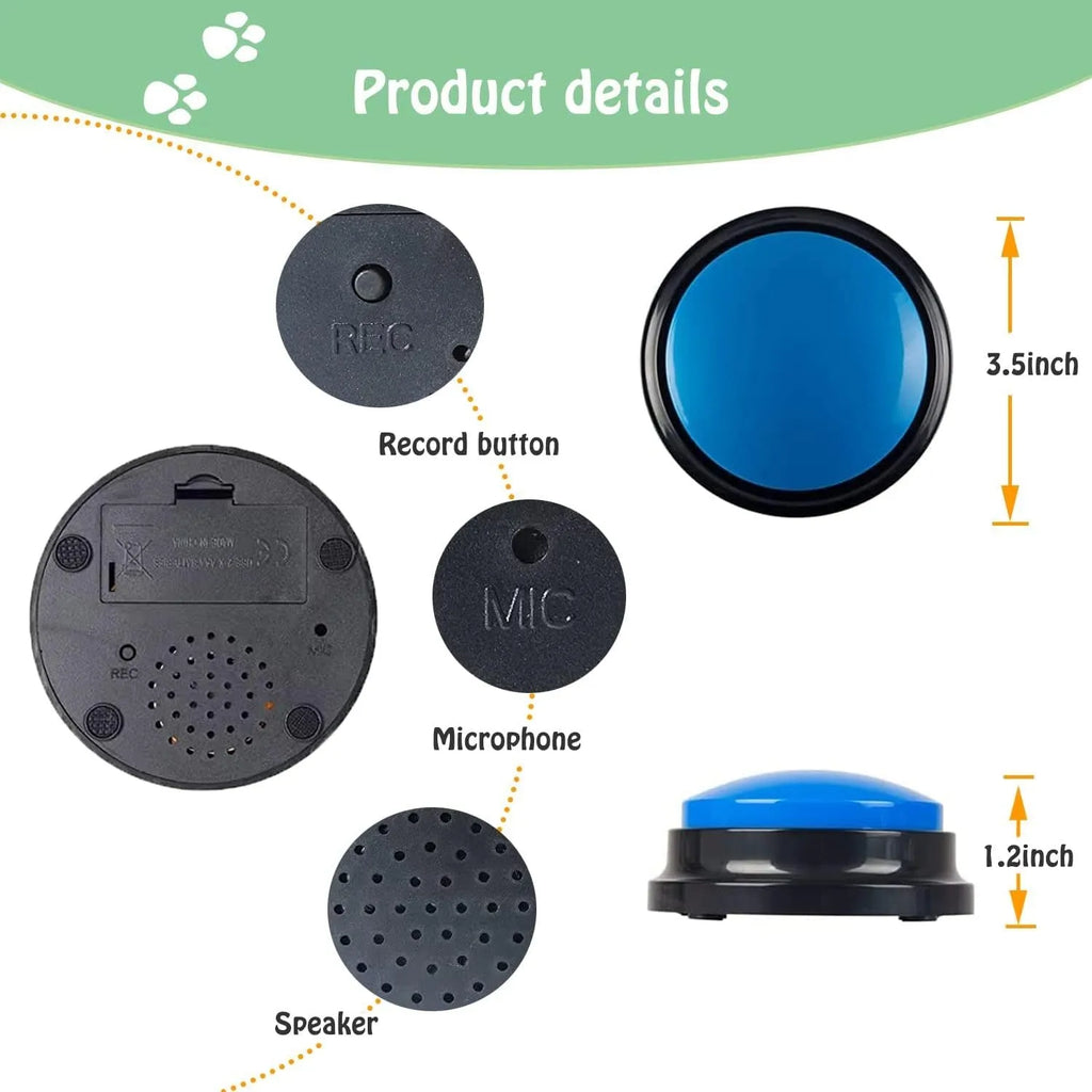 Voice recording dog training buzzer in five colour options showing record and playback buttons