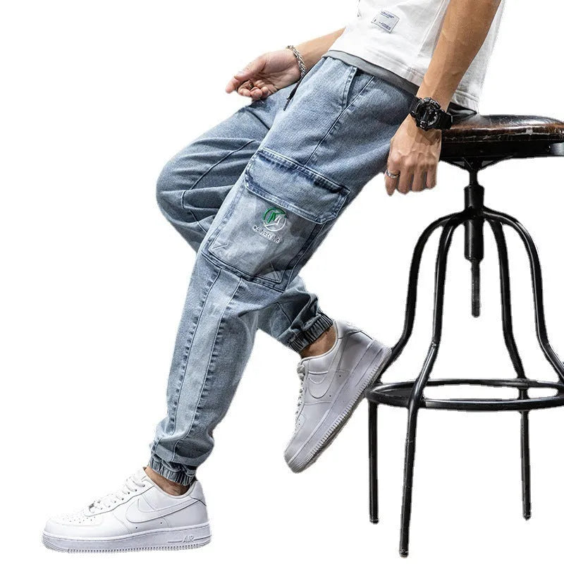 Men's Korean style cargo jeans in straight leg cut with micro elasticity cotton fabric