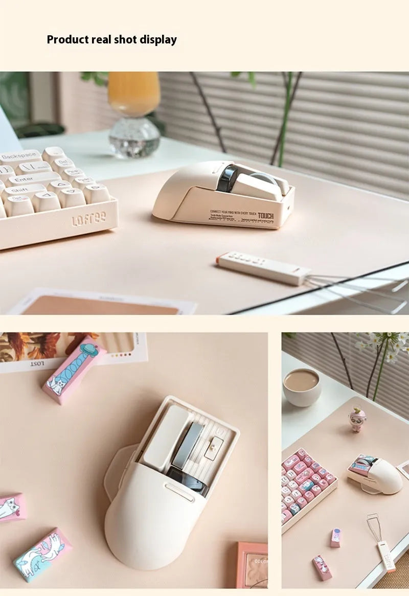 Xiaoqiao Tofu coloured wireless mouse with seven buttons and four way roller on mouse pad