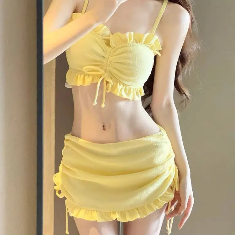 Women's milk silk bikini swimsuit in solid colour available in pitaya red, yellow, and black