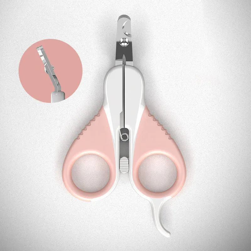 Grey and pink cat nail clippers with angled blade and safety guard for pet grooming