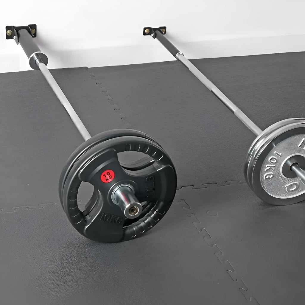 Steel wall-mounted rack holding multiple barbells vertically, showing 25 tube storage slots.