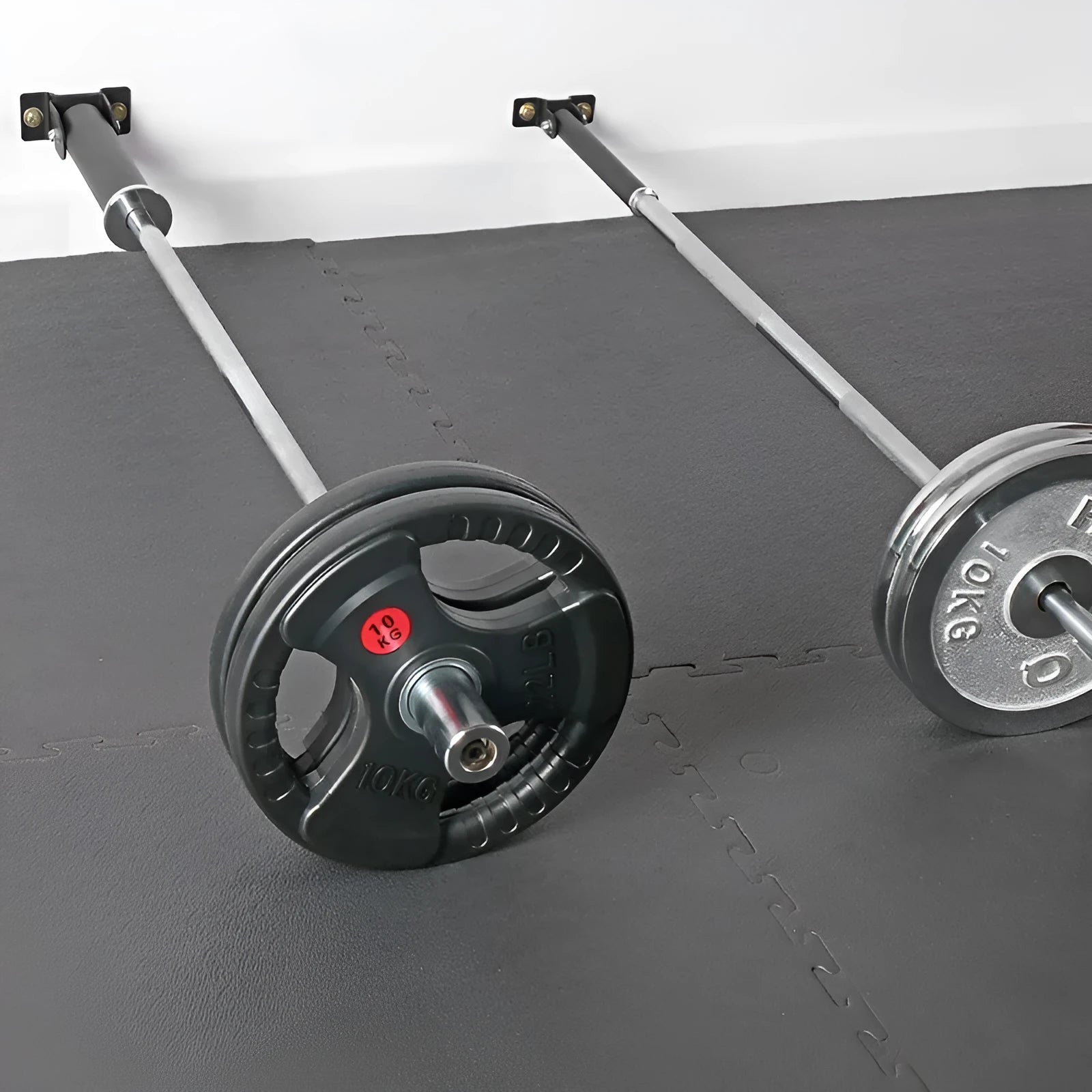 Steel wall-mounted rack holding multiple barbells vertically, showing 25 tube storage slots.