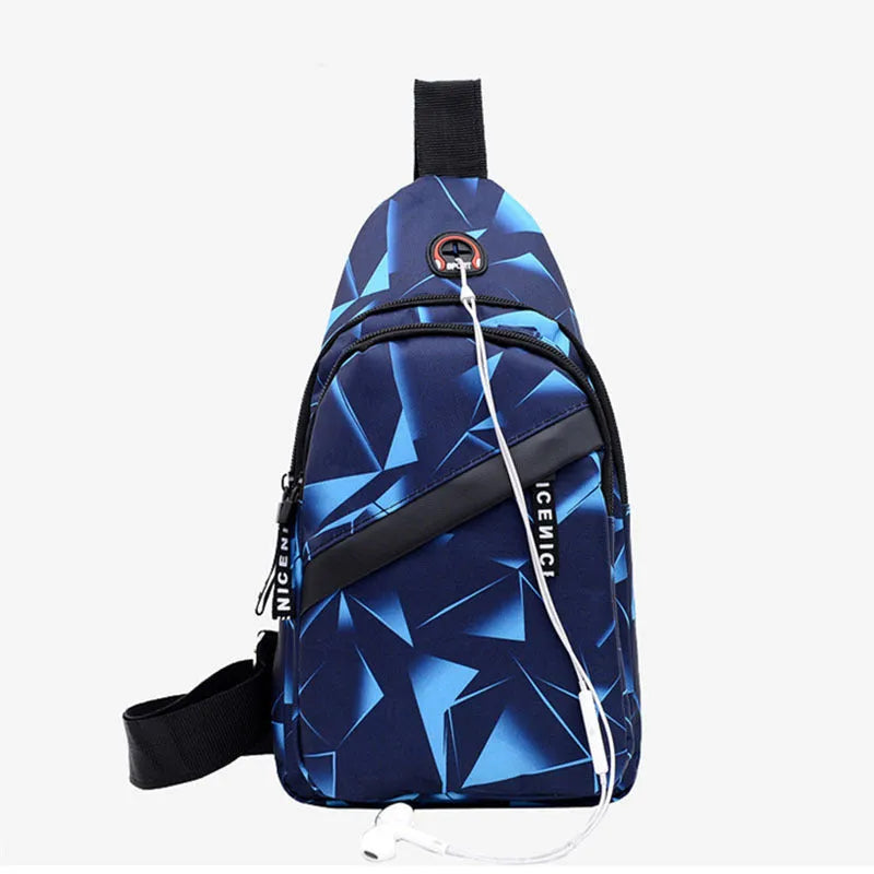 Blue print sling chest bag with a crossbody strap, showing the earphone hole and zipper opening.