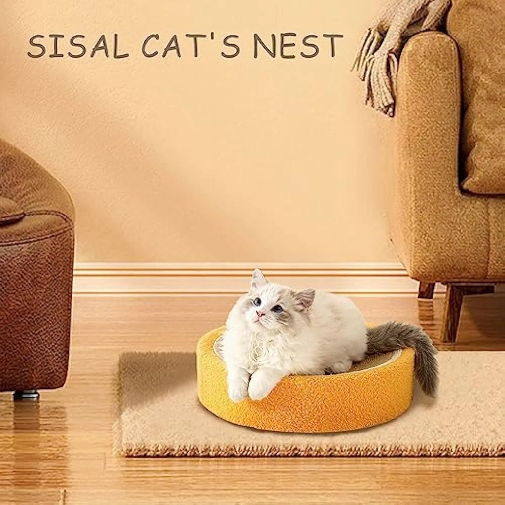 Yellow round cat scratching board with sisal surface and concave bed centre