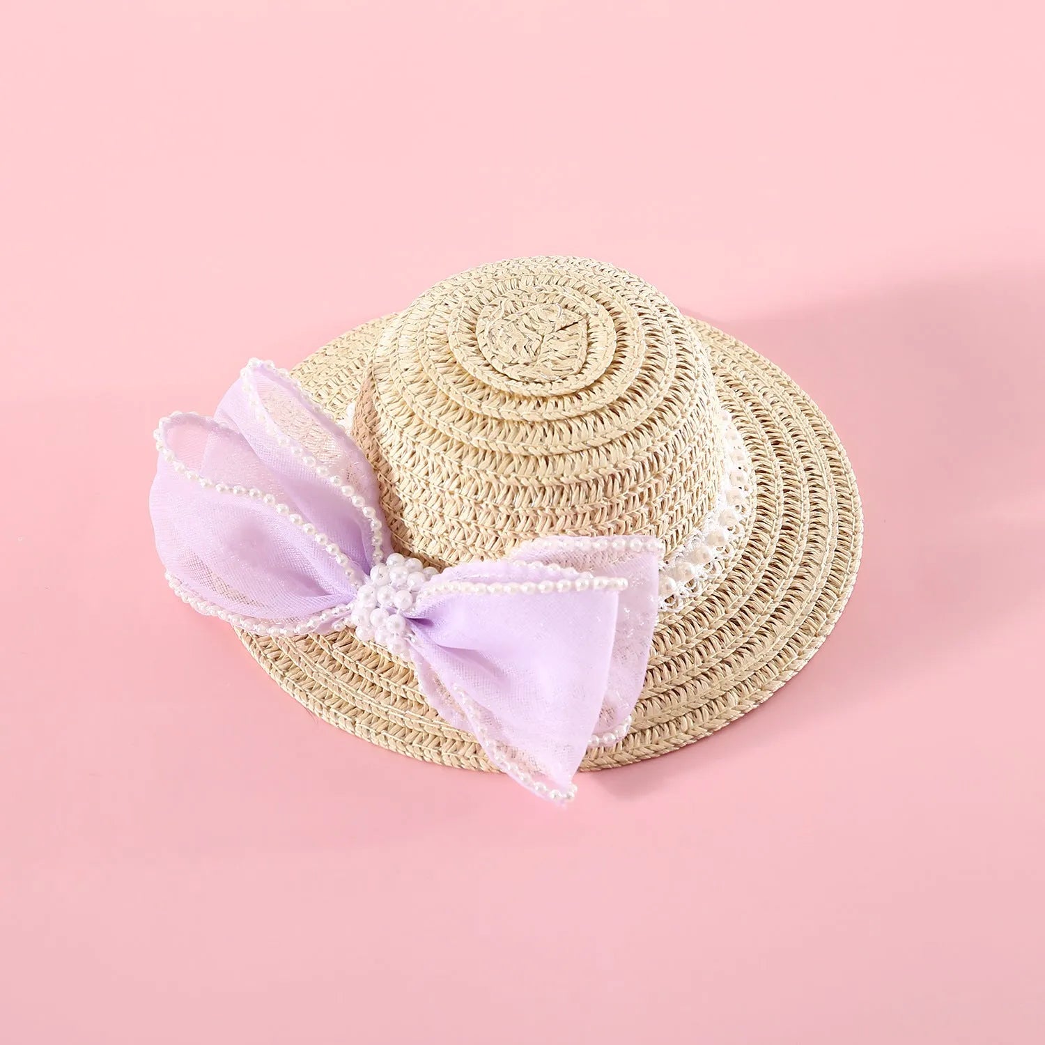 Woven straw hat for cats with pearl bow decoration in princess style