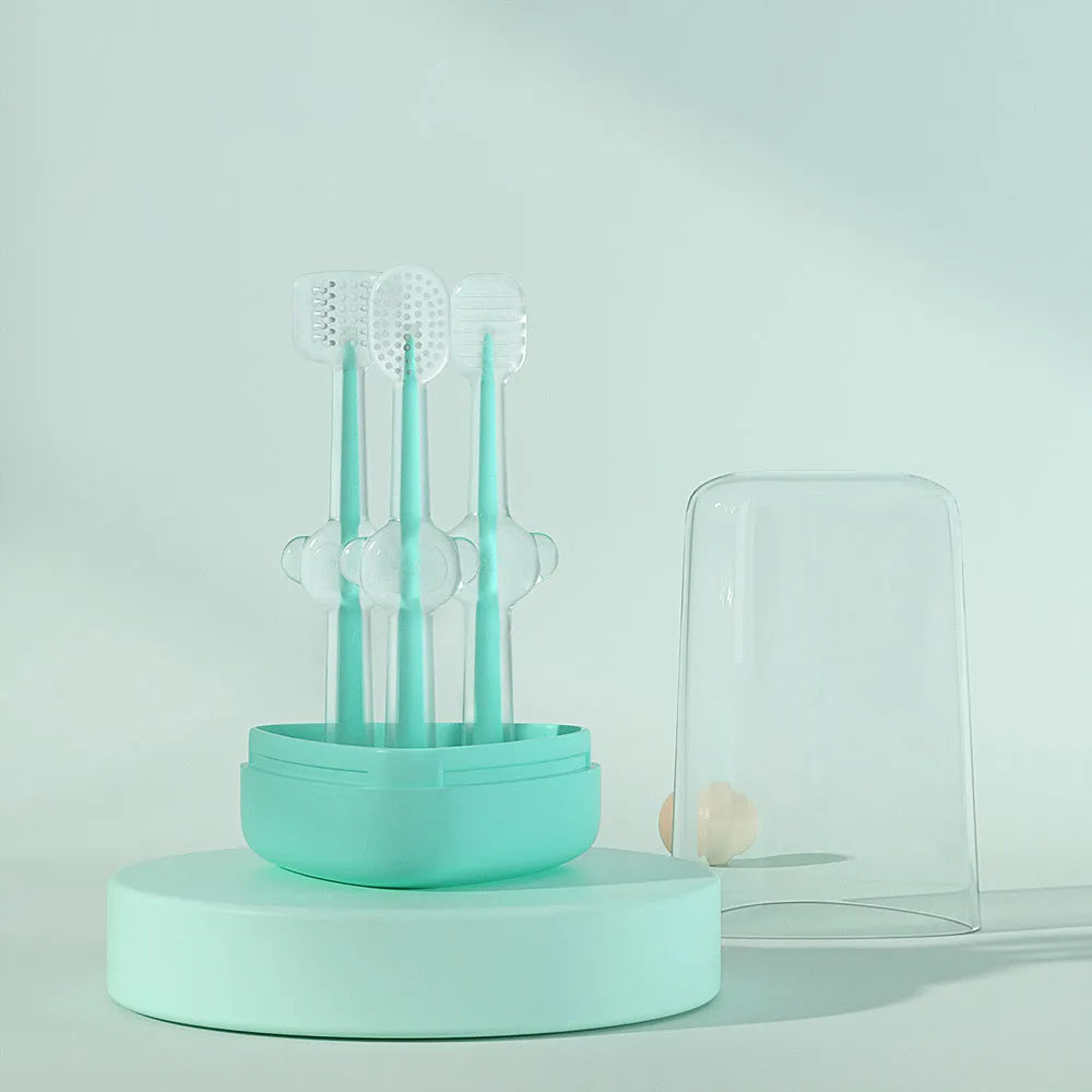 Soft silicone pet toothbrush for dogs and cats in purple, shown with flexible gel bristles for teeth cleaning.