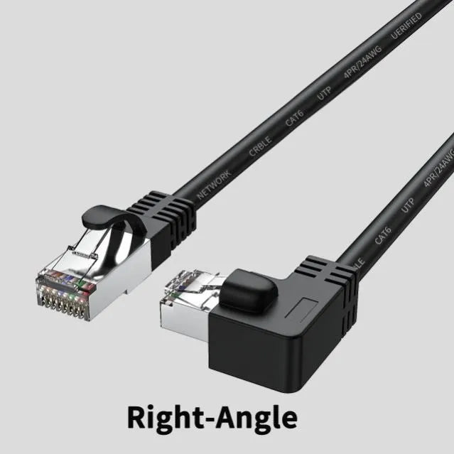 Right-angle Cat6 Ethernet cable with RJ45 connector in various colour options