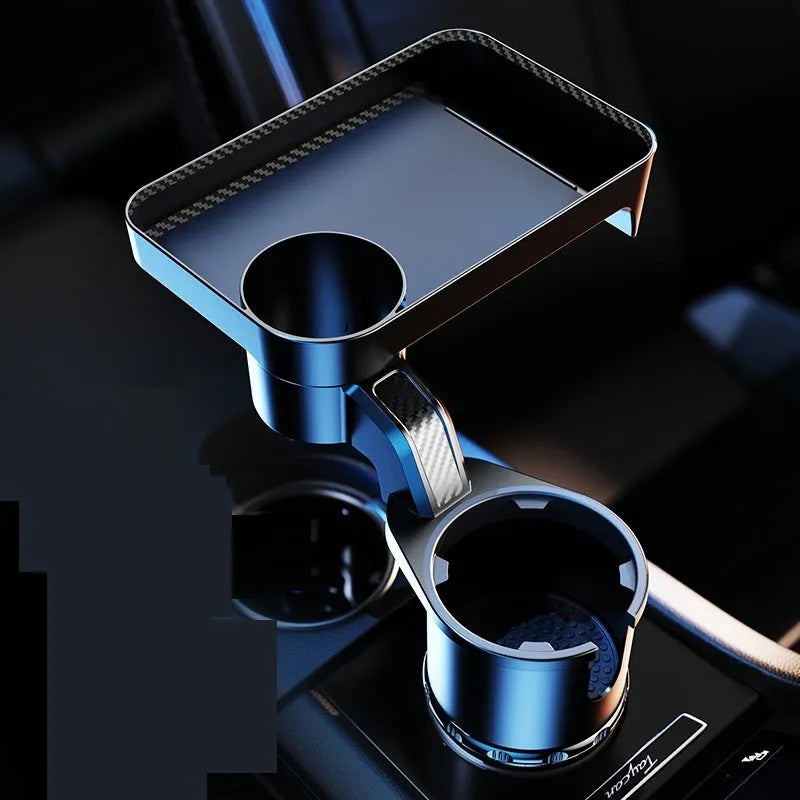 Black ABS plastic 360-degree rotating car dinner tray holder mounted in a vehicle cup holder.
