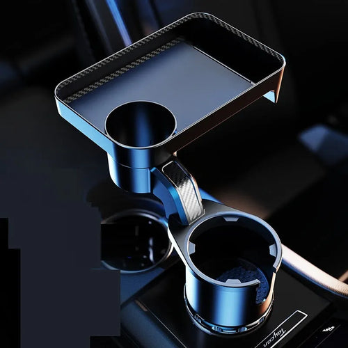 Black ABS plastic 360-degree rotating car dinner tray holder mounted in a vehicle cup holder.