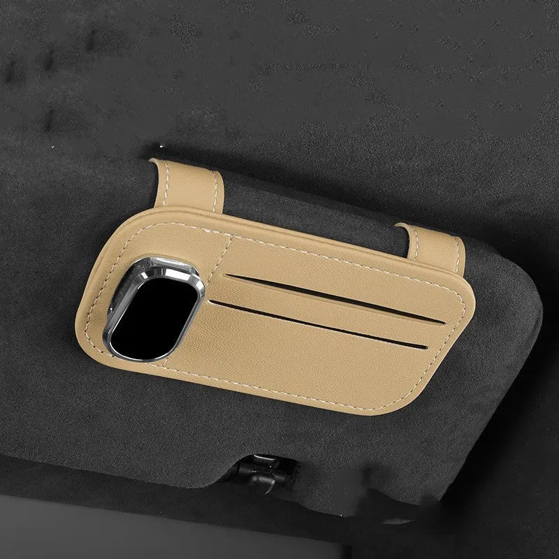 Cowhide leather car sun louver card holder with glasses clip in various colour options