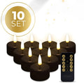 Four black LED tealight candles showing D4.1 x H5 cm dimensions