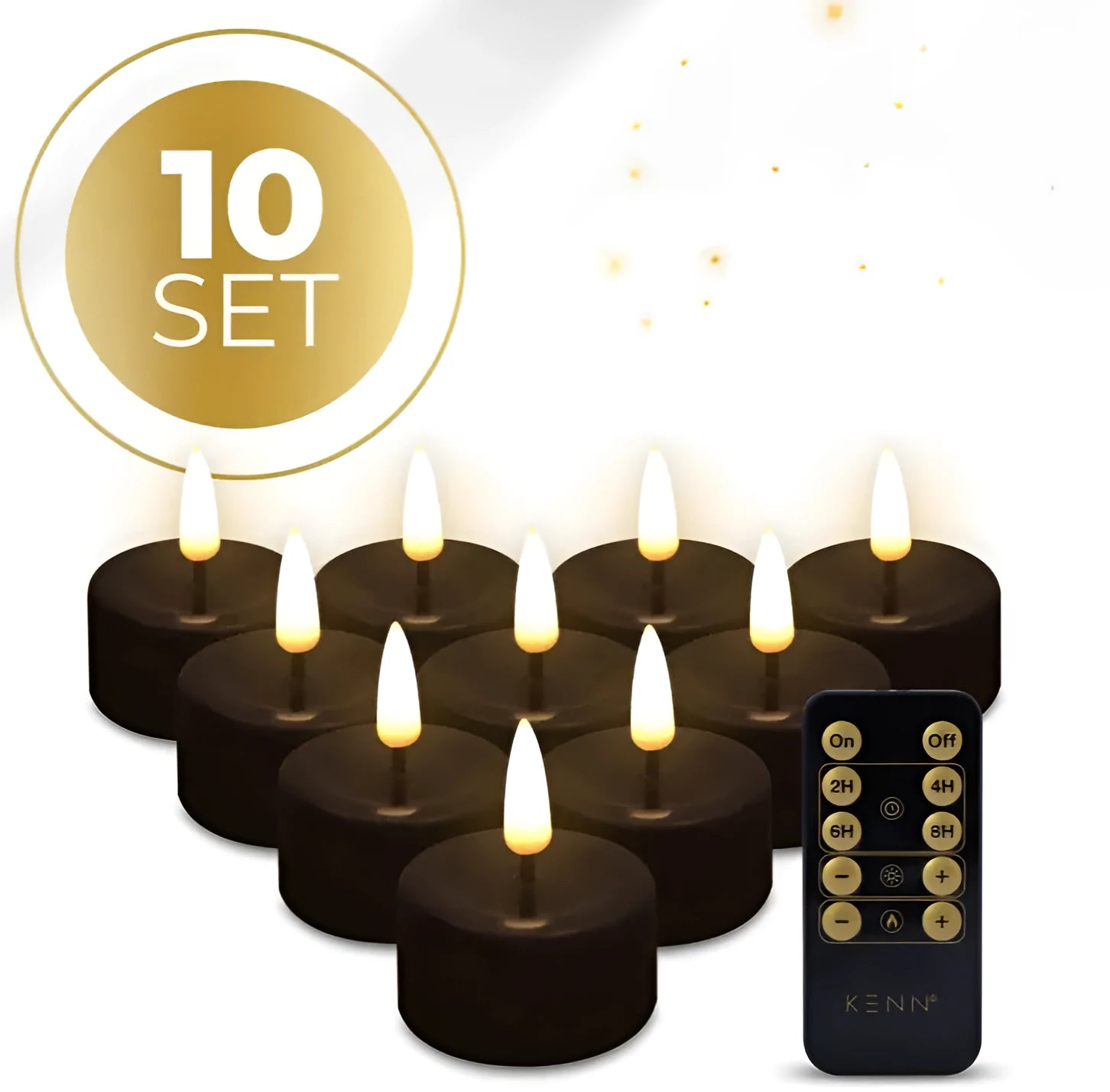 Four black LED tealight candles showing D4.1 x H5 cm dimensions