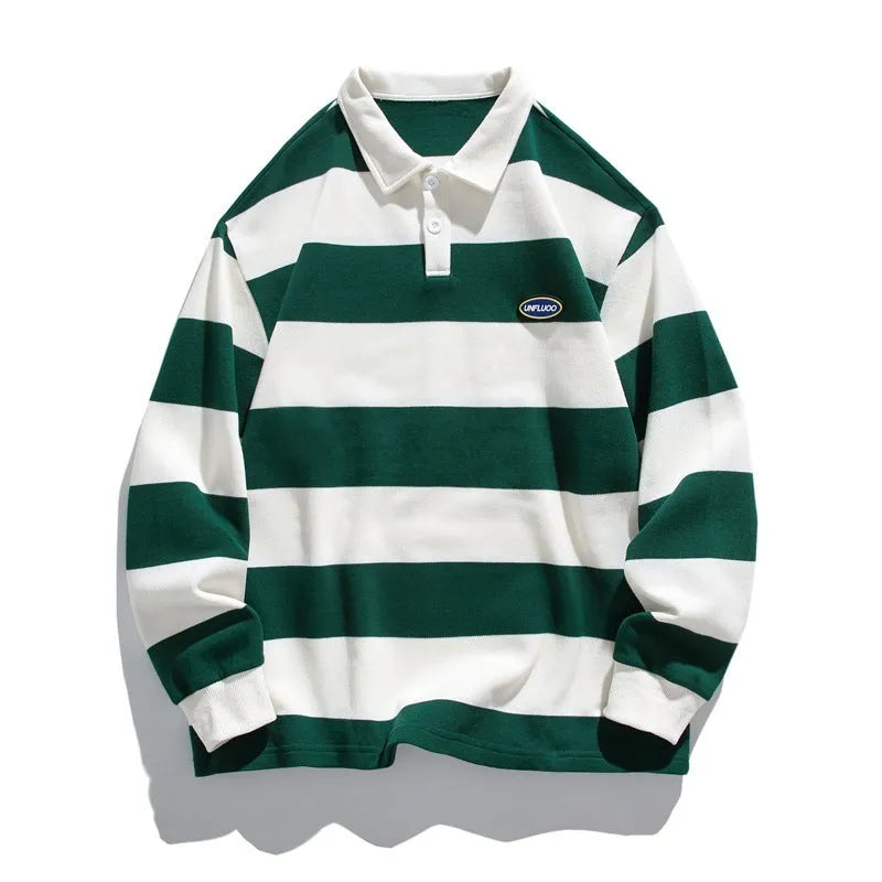 Hong Kong style polo shirt with striped sweater lapel in pearl cotton fabric, loose fit with long sleeves for autumn wear