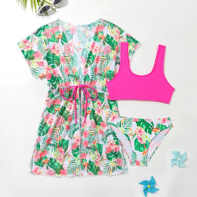 Girls' two-piece floral swimsuit in polyester fabric for swimming