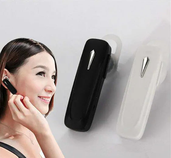 Black and white M163 Bluetooth car headset for hands-free calling and music control.