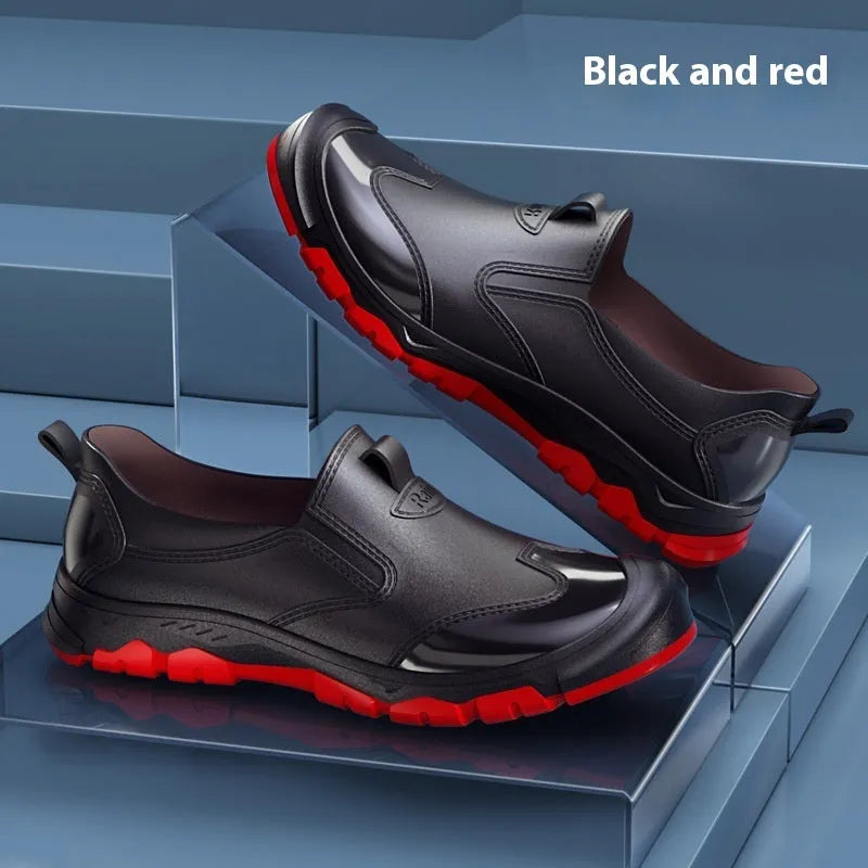 Korean-style PVC short tube rain boots with non-slip plastic soles in black-red colour combination