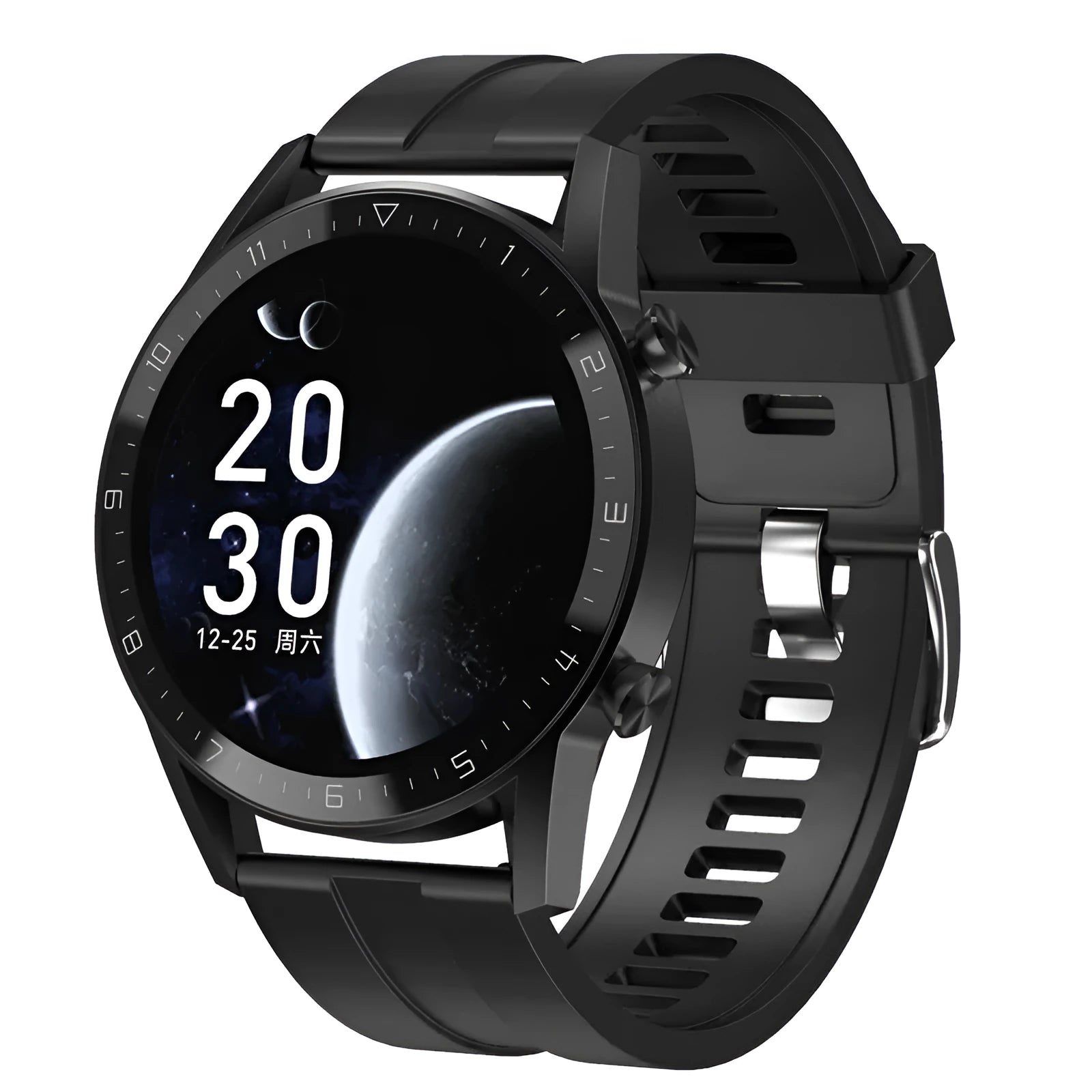 Smart sports watch with leather strap and 1.3-inch touchscreen displaying activity metrics