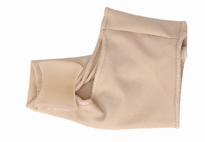 A pair of stretch fabric bunion socks with a soft gel pad and silicone toe separator in sizes small, medium, and large.