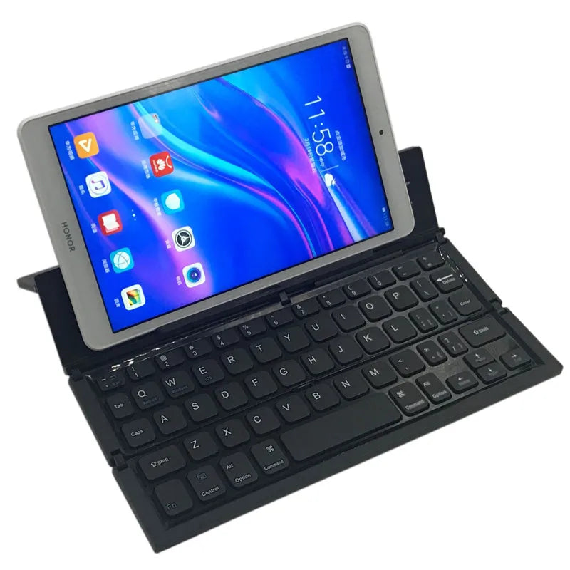 Black and white folding Bluetooth keyboard for tablets with aluminium bottom
