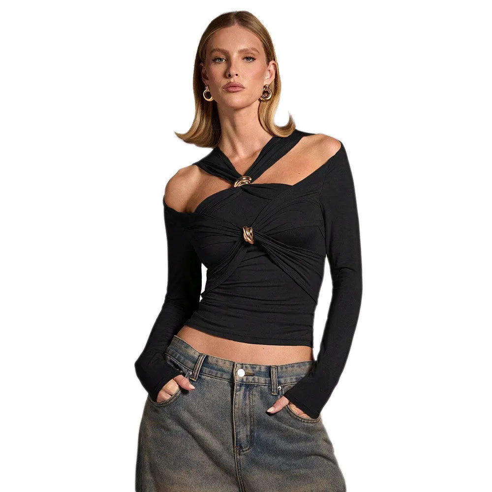 Black women's halter neck long sleeve slim fit top on a hanger.