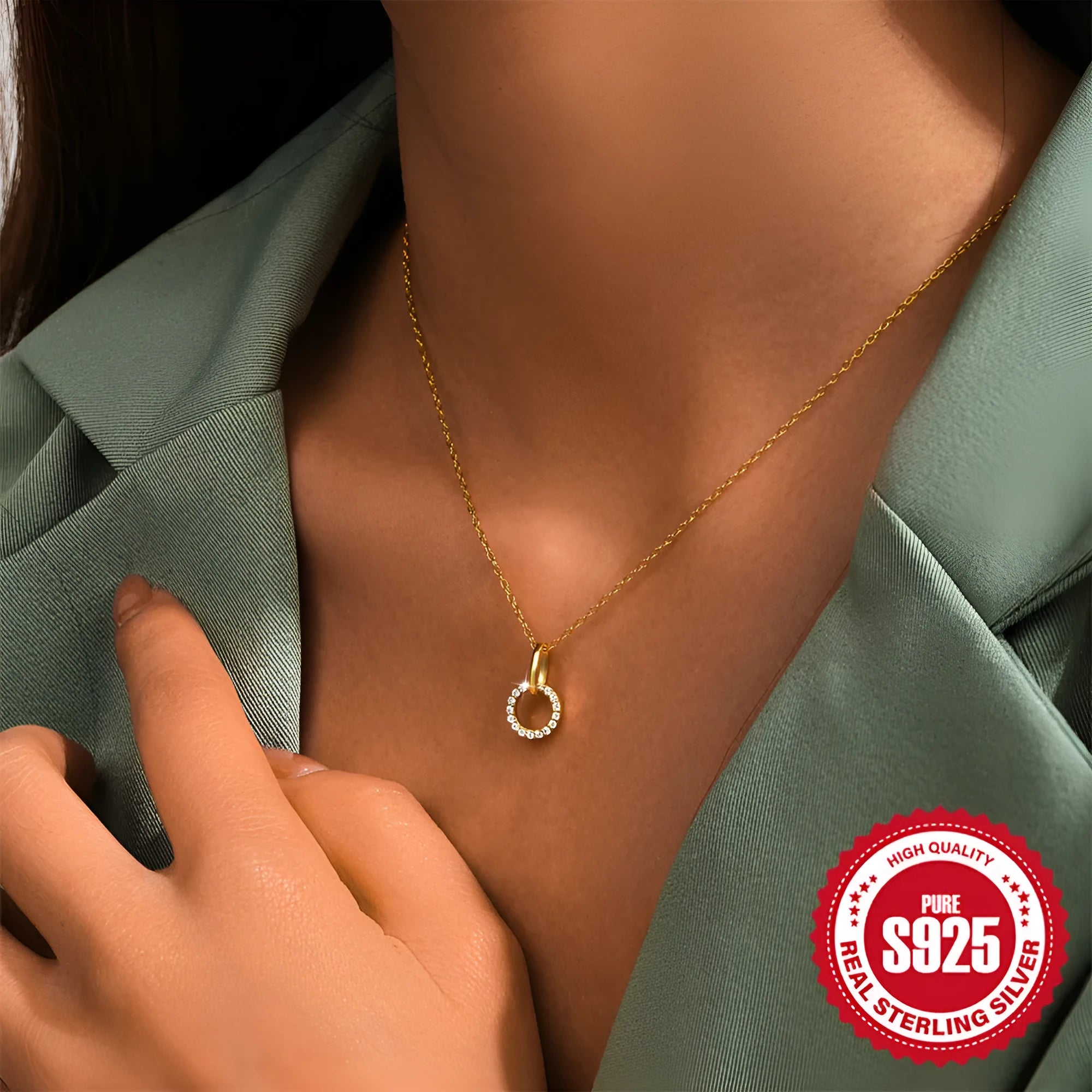 S925 sterling silver clavicle chain necklace with micro-inlaid zircon detailing in gold colour
