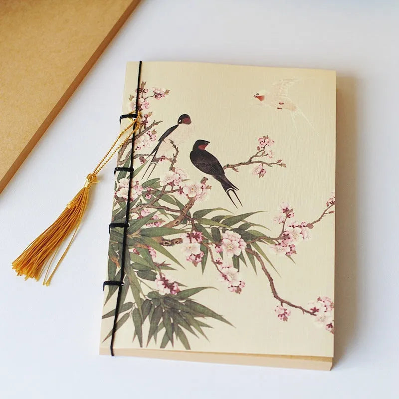 A5 antique wire-bound notebook with retro Chinese painting design on glossy embossed cover