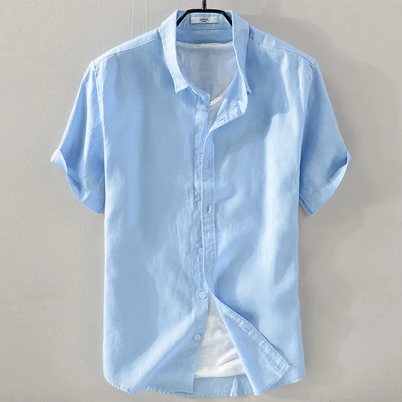 Men's loose fit short sleeve shirt in cotton linen blend fabric available in multiple solid colours