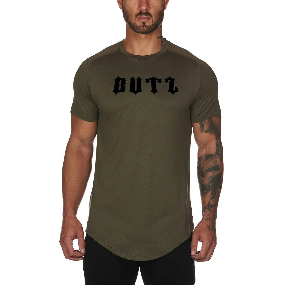Men's plain gym shirt in cotton-spandex blend available in army green, black, and white colours with size options