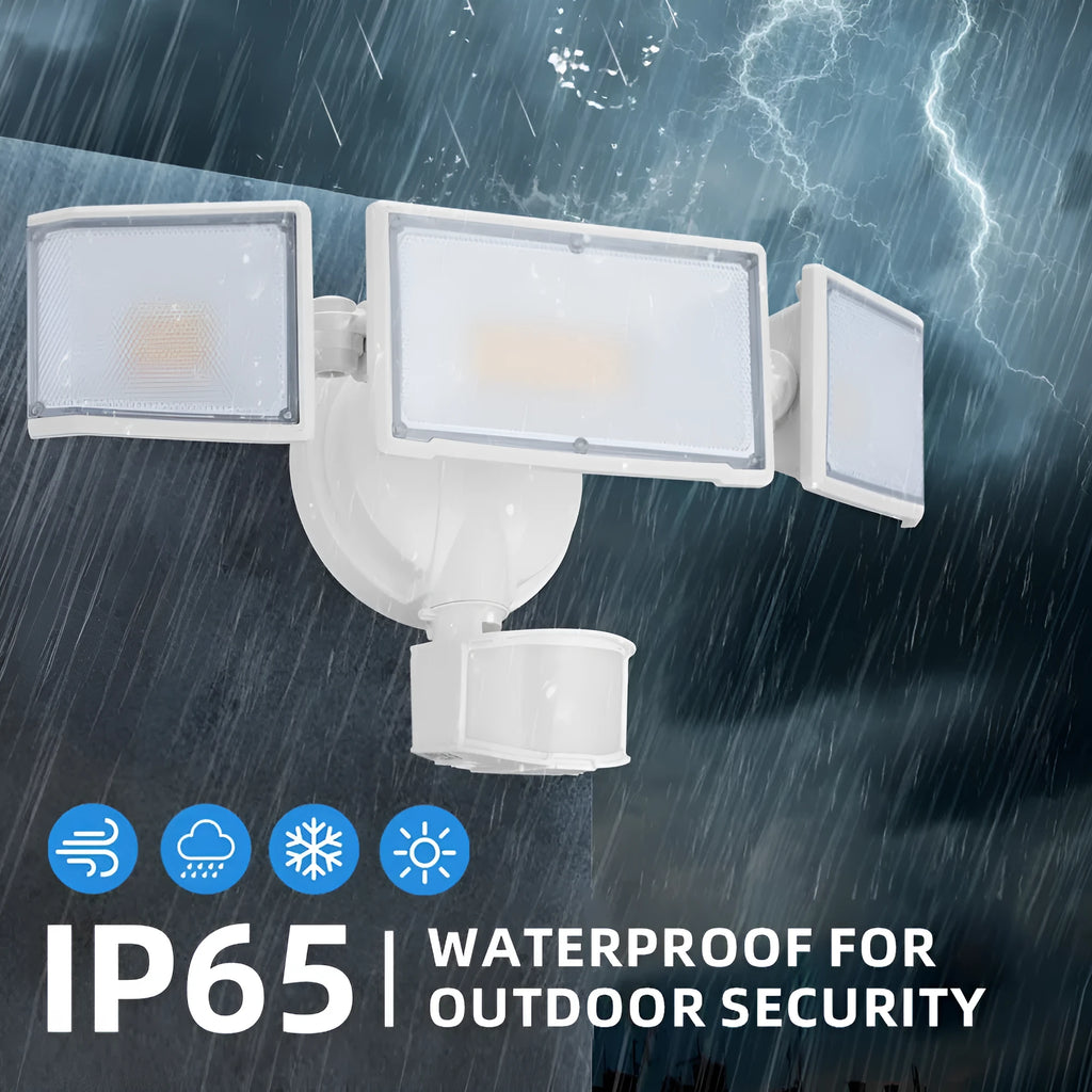 White LED security flood light with motion sensor mounted on exterior wall