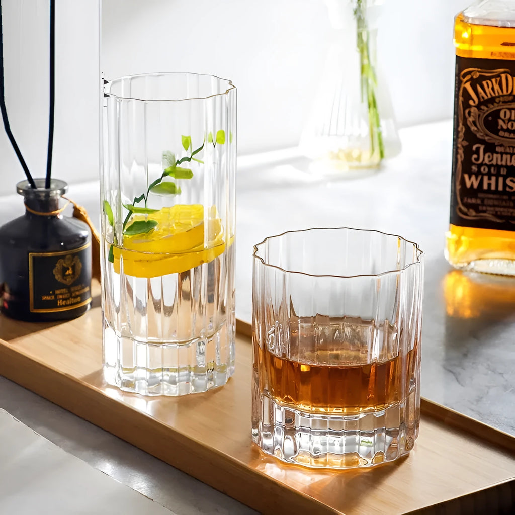 Light luxury crystal glass thick bottom lace whiskey glass with clear transparency, single tumbler style.