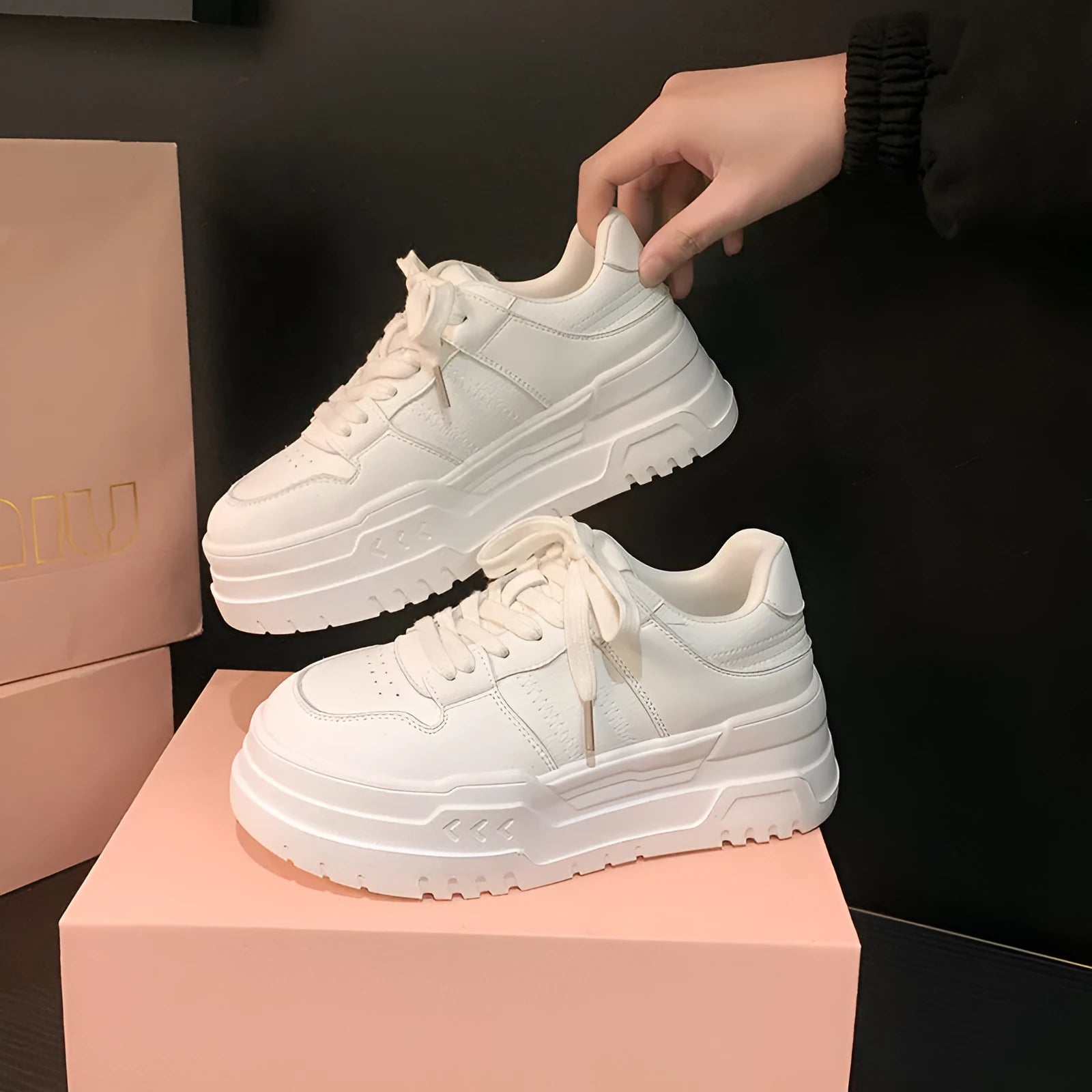 White cowhide leather platform height increasing casual lace up sports board shoes for women