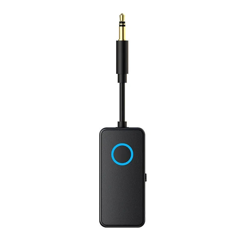 Black Bluetooth 5.4 audio adapter with a 3.5mm plug for transmitting and receiving wireless sound.