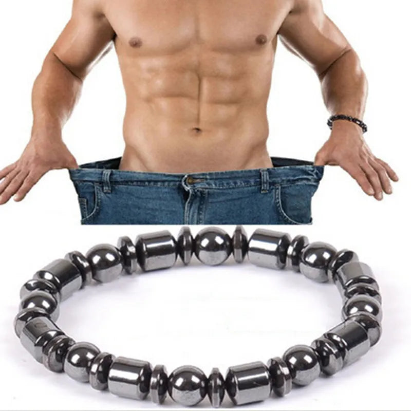 Black pentagram stone magnetic therapy bracelet with stretch fit on wrist