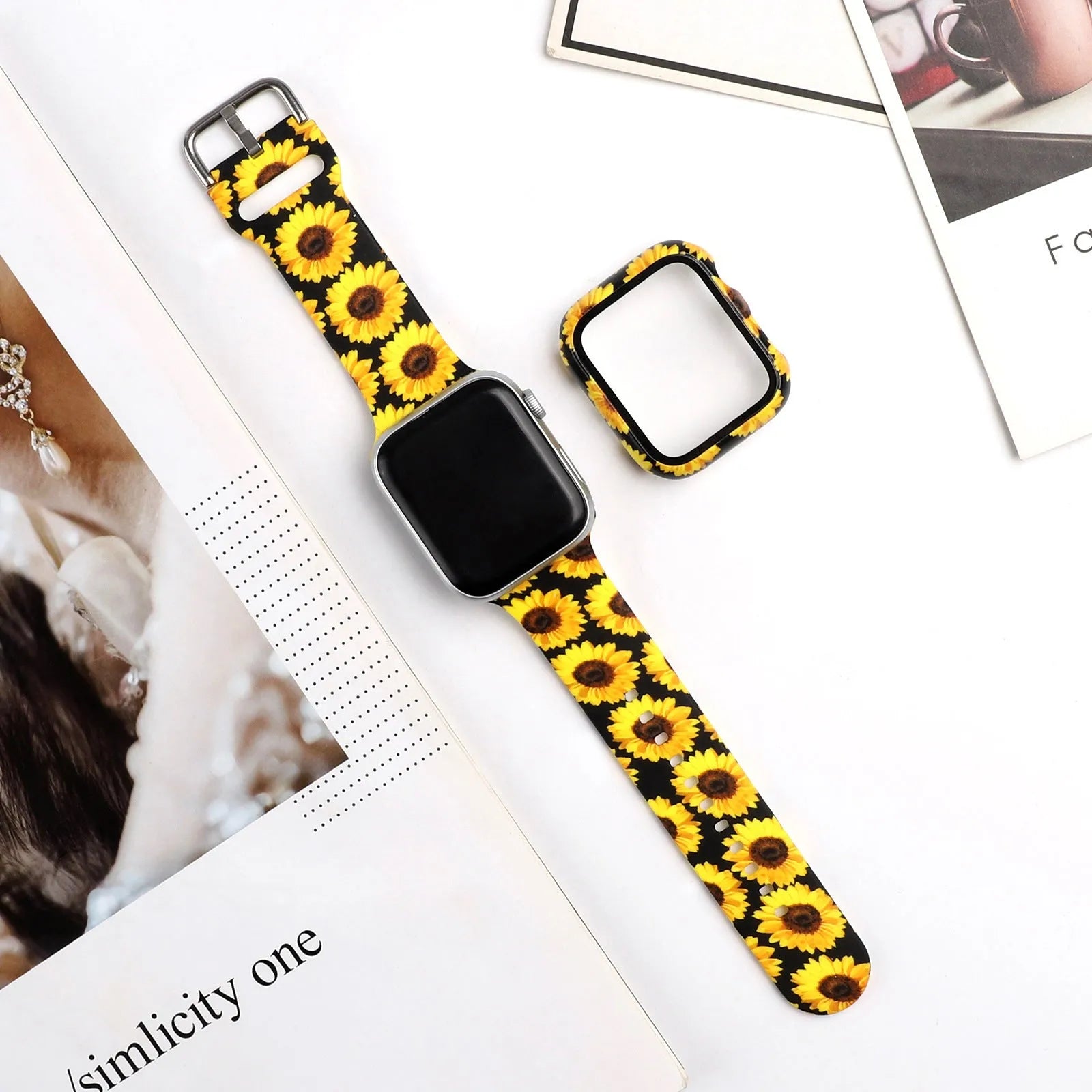 Printed silicone watch strap for Apple Watch showing multiple colourful pattern options.