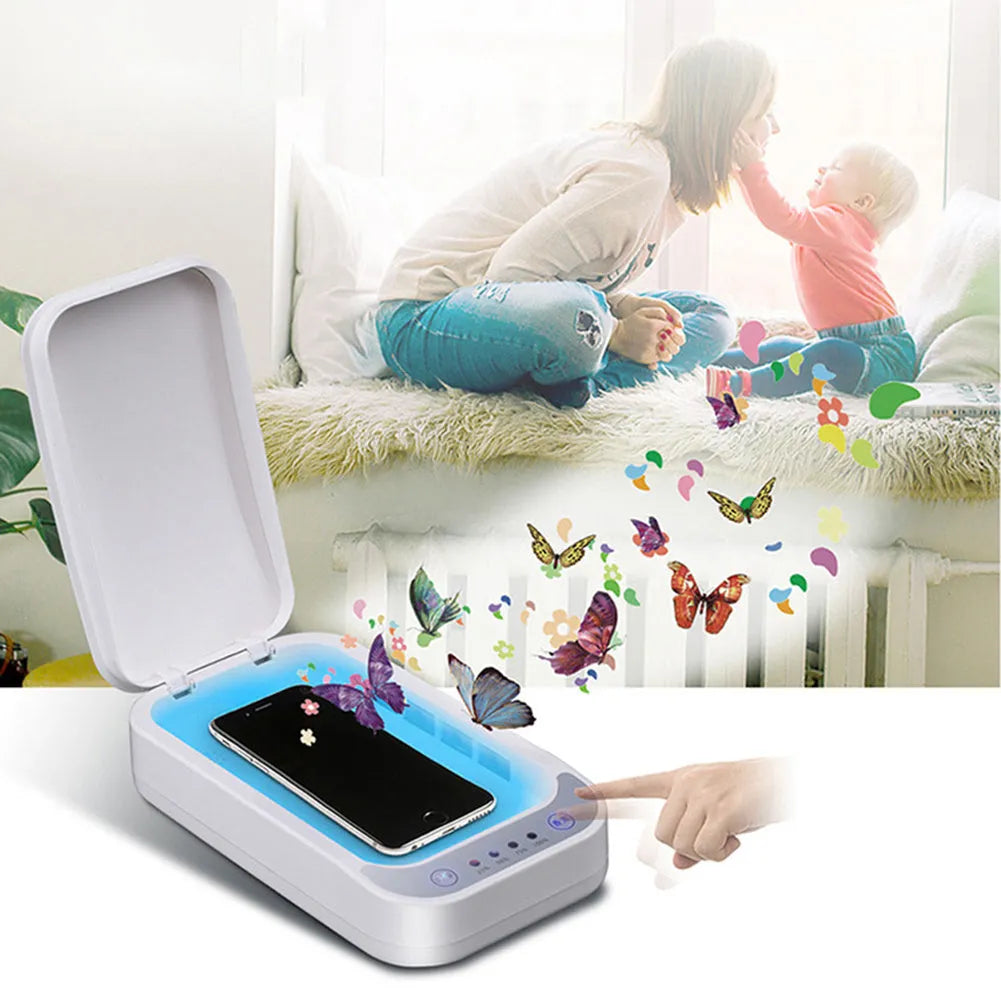 Blue and white ultraviolet disinfection box for sanitising mobile phones