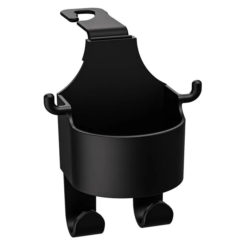 Black plastic car hook seat back organiser with cup holder and hook attachment
