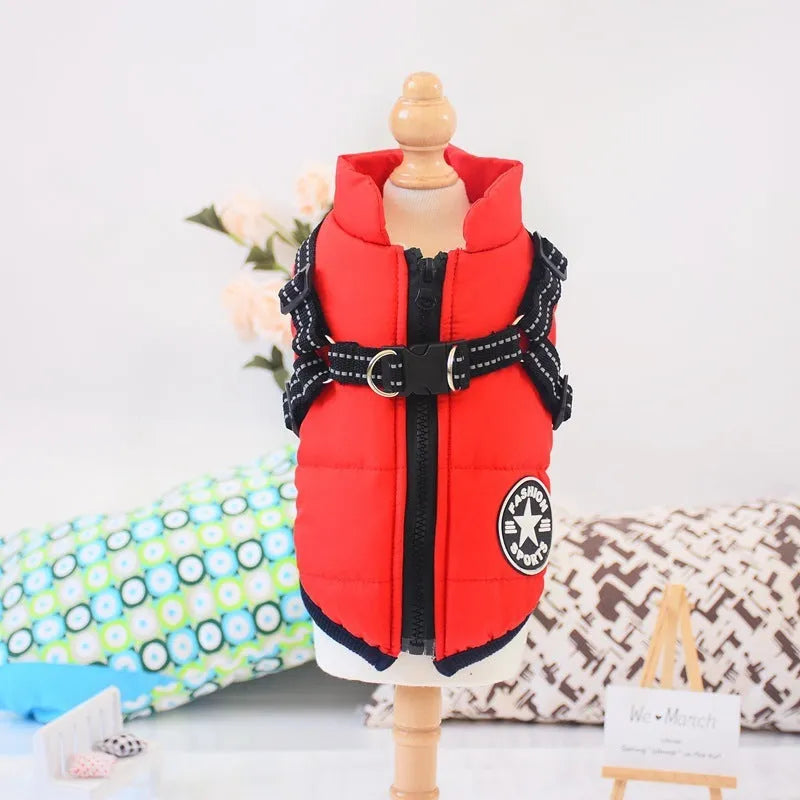 Waterproof dog coat with integrated harness in rain silk fabric available in red, navy blue, and army green colours