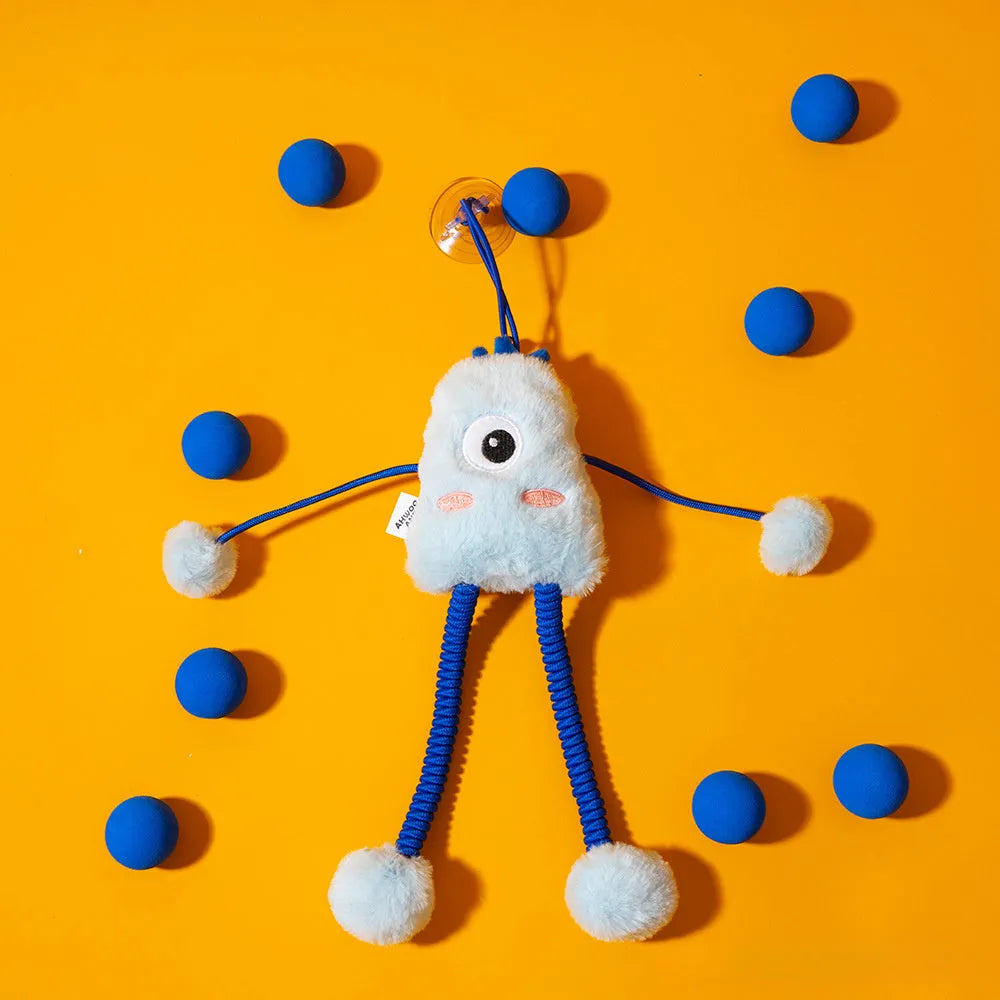 Blue telescopic elastic cat toy with plush ring and mint bell attachment on elastic rope