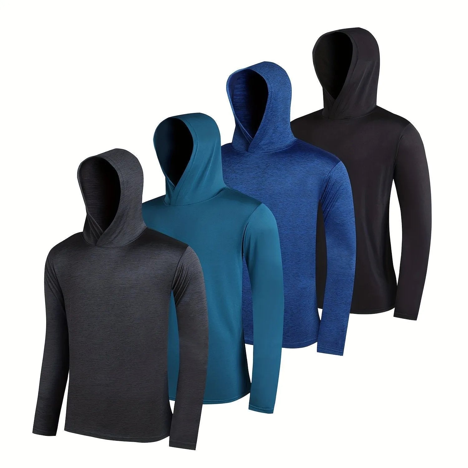 Men's lightweight hoodie four-pack in elastic polyester fibre showing colour options and hooded styles