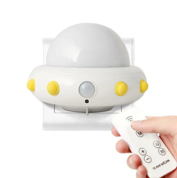 Remote control UFO bedside night light in blue, pink or white with ABS plastic lamp shade