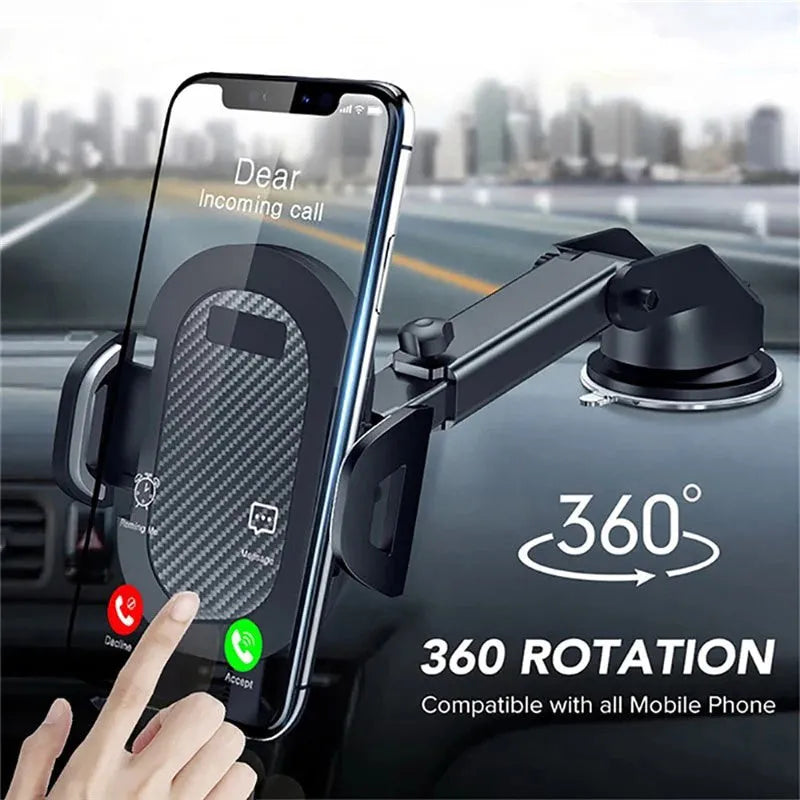 Black adjustable car phone holder for smartphones between 4 and 7 inches on a car dashboard