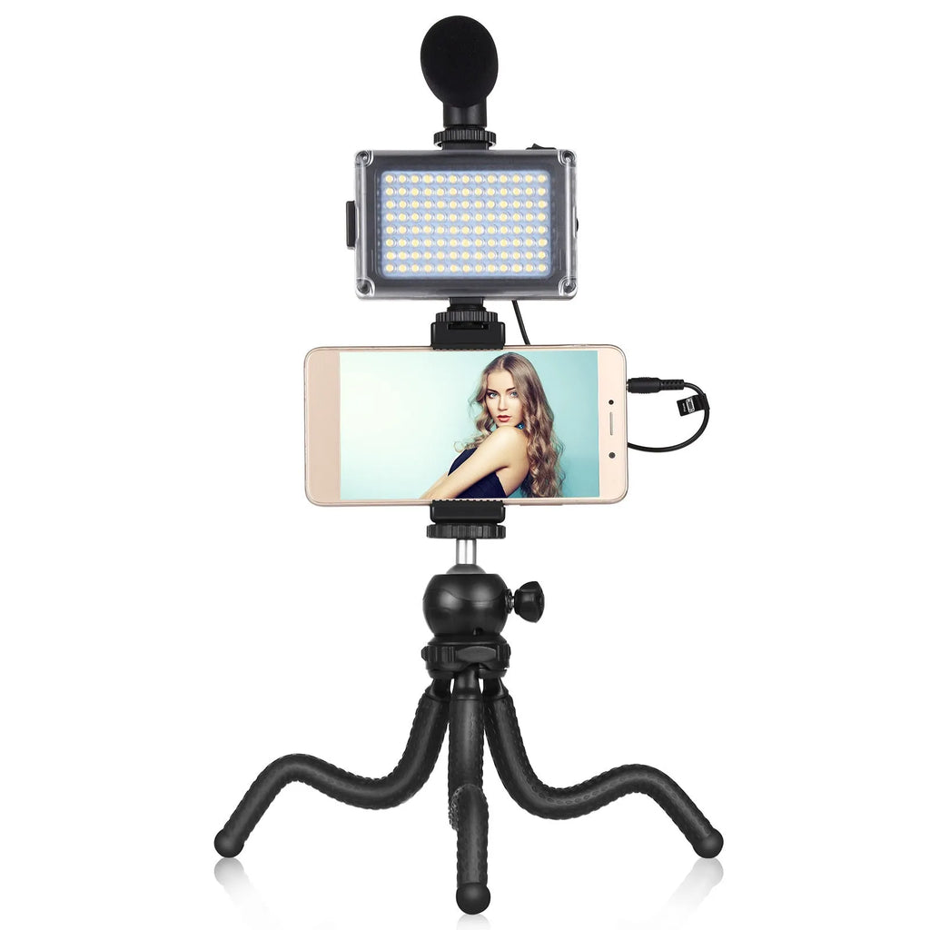 Black octopus tripod kit with flexible legs, integrated fill light, and microphone for iPhone live streaming.