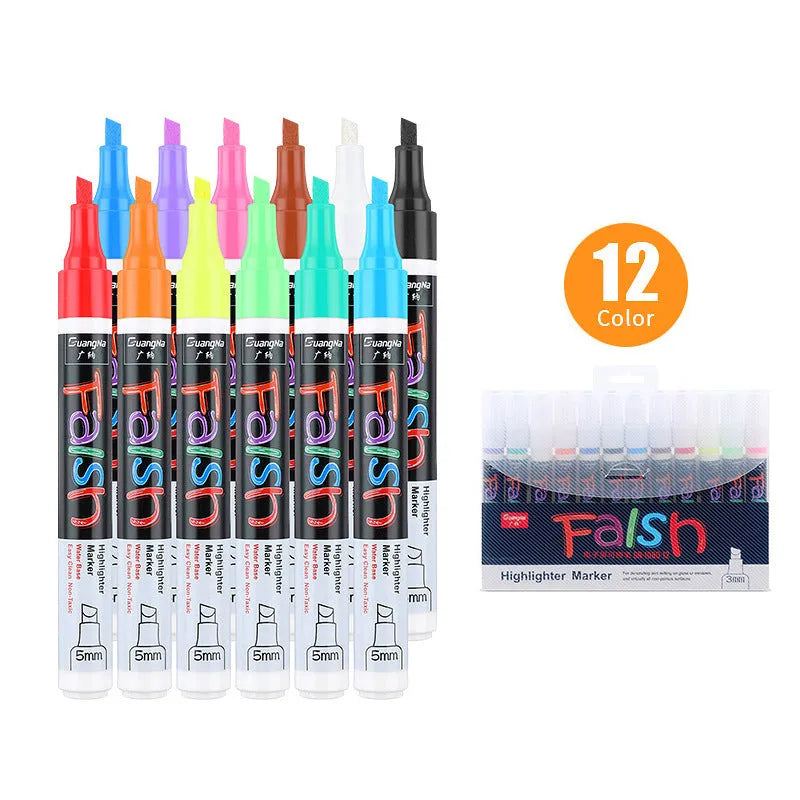 Electronic fluorescent highlighter pen with oblique chisel tip on card packaging, showing 8 colour or 12 colour refill options.