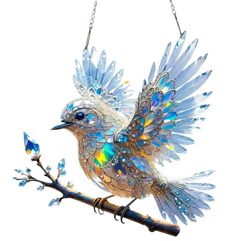Acrylic bird pendant decoration with cartoon design in 15cm and 20cm sizes on cardboard backing